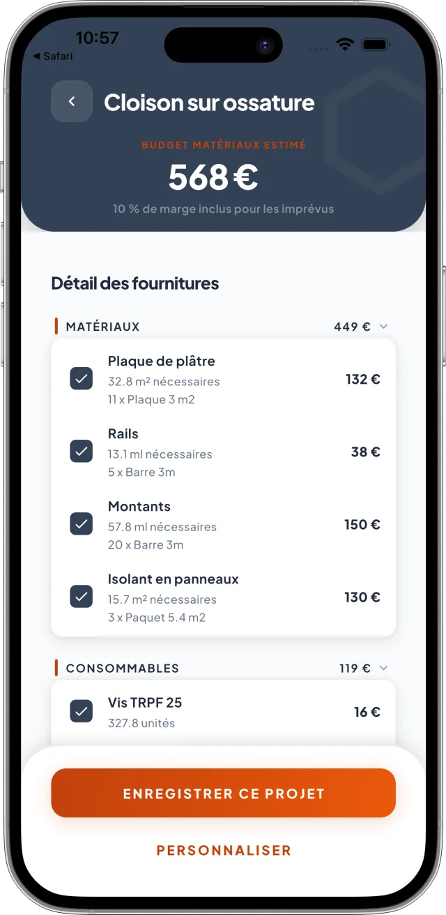 Écran de chiffrage de Murmur : budget matériaux estimé à 568 € pour une cloison sur ossature, avec détail des fournitures.