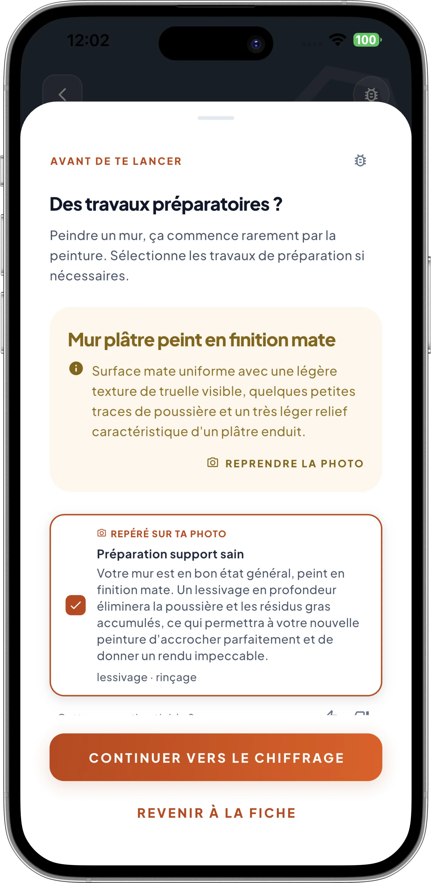 Écran de diagnostic photo de Murmur : analyse d’un mur à préparer et étapes recommandées avant la pose.