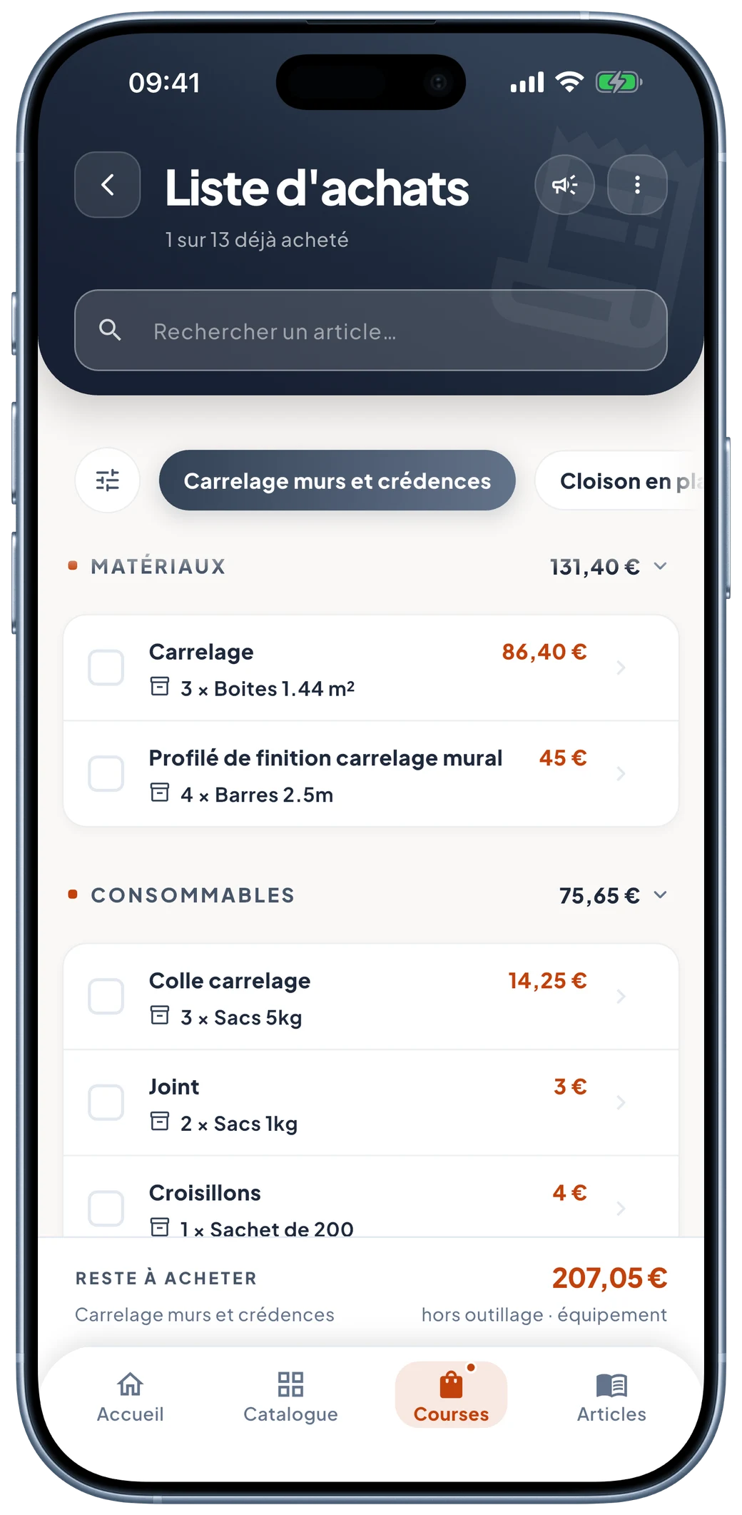 Écran liste d’achats de Murmur, filtré sur le chantier carrelage murs et crédences : 1 sur 13 déjà acheté, les matériaux et consommables avec leurs quantités et conditionnements, et 207,05 € qui restent à acheter.