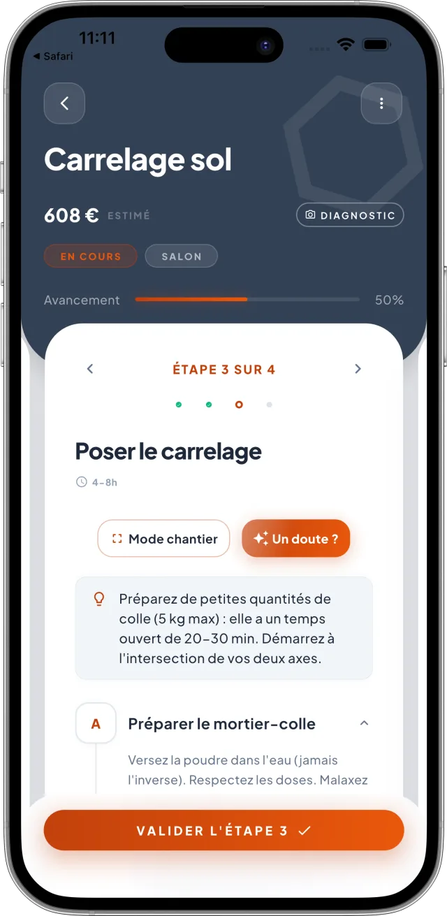 Écran de tuto Murmur : étape 3 sur 4 pour poser du carrelage, avec instructions détaillées et bouton « Un doute ? ».