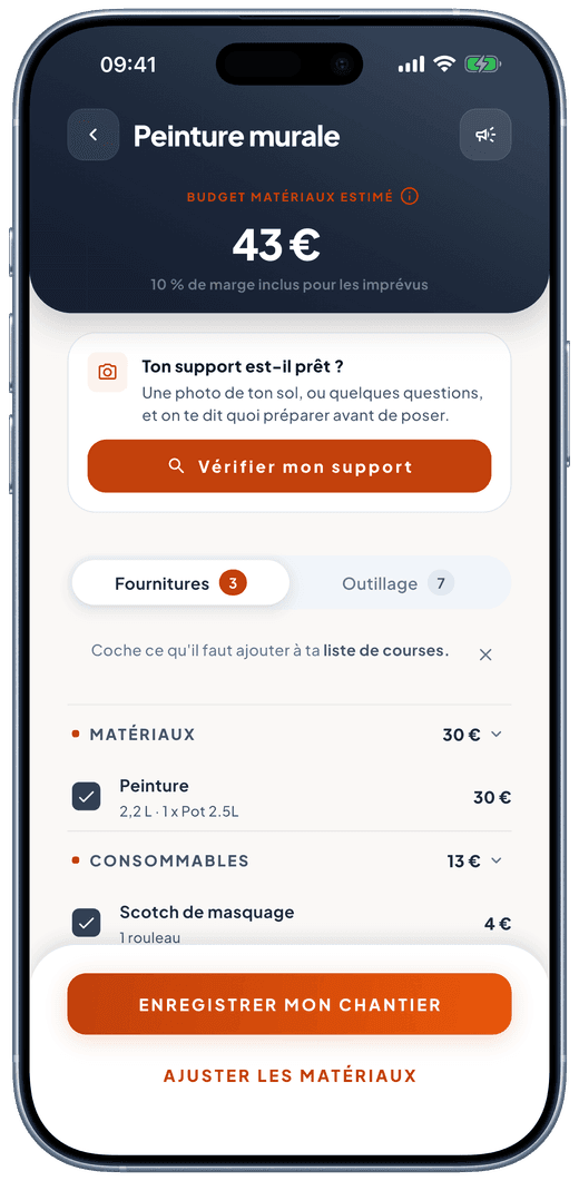 Écran de chiffrage de Murmur : budget matériaux estimé pour une peinture murale, marge imprévus incluse, avec le détail des fournitures.