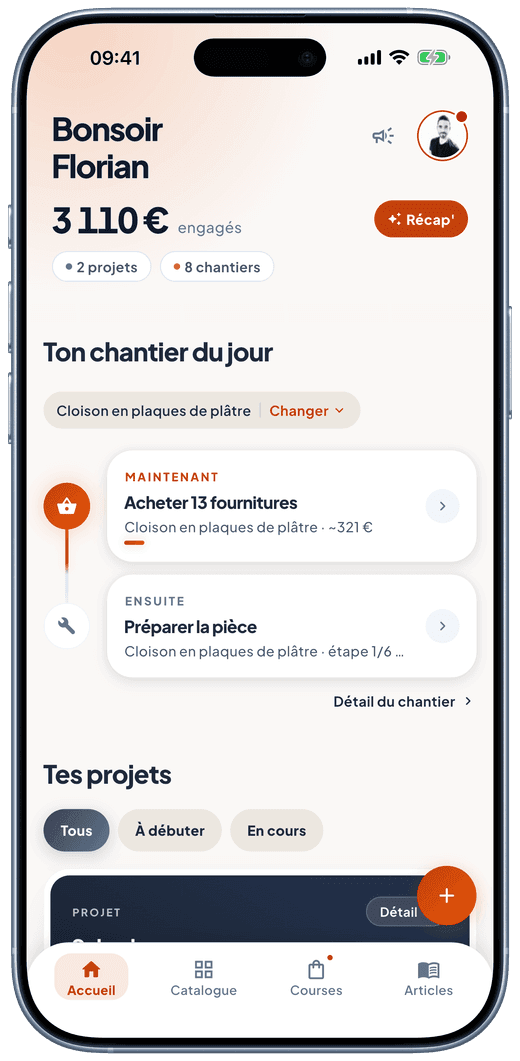 Écran d’accueil de Murmur : le chantier du jour avec la prochaine action à faire, et la vue d’ensemble des projets.
