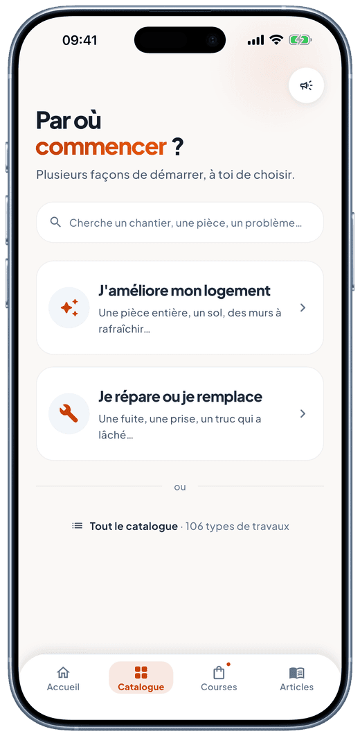Écran du catalogue : deux entrées, améliorer mon logement ou réparer.