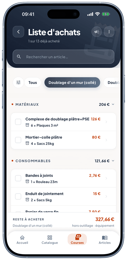 Écran liste d’achats de Murmur : matériaux à acheter par chantier, avec quantités, conditionnements et reste à acheter.
