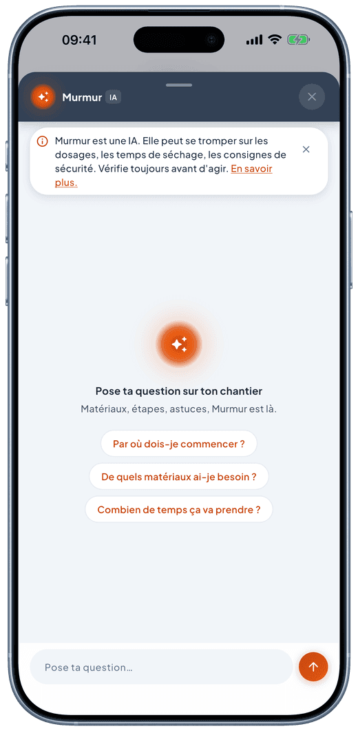Le mentor Murmur : « Pose ta question sur ton chantier », avec des suggestions et l’avertissement sur les réponses de l’IA.
