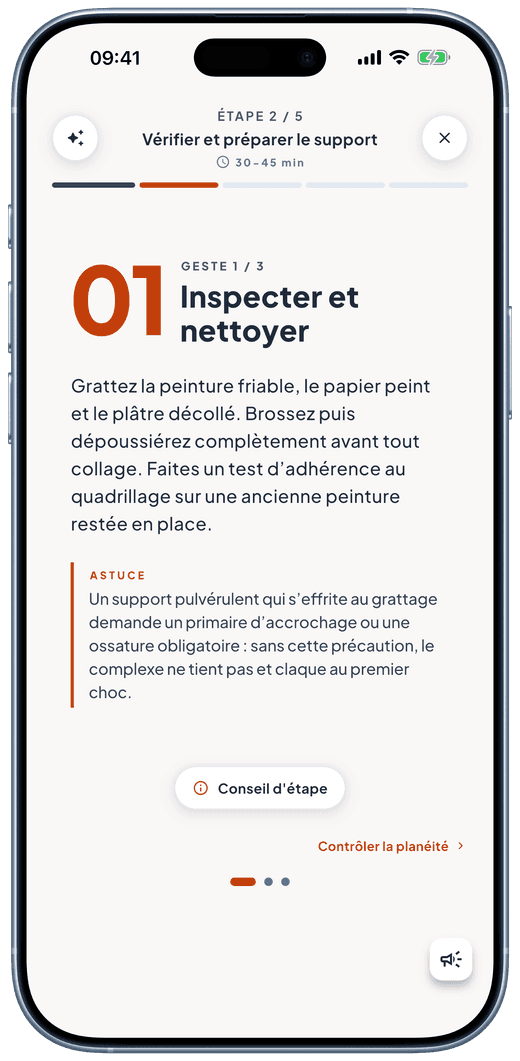 Écran du mode chantier de Murmur : l’étape guidée en cours, avec ses conseils.