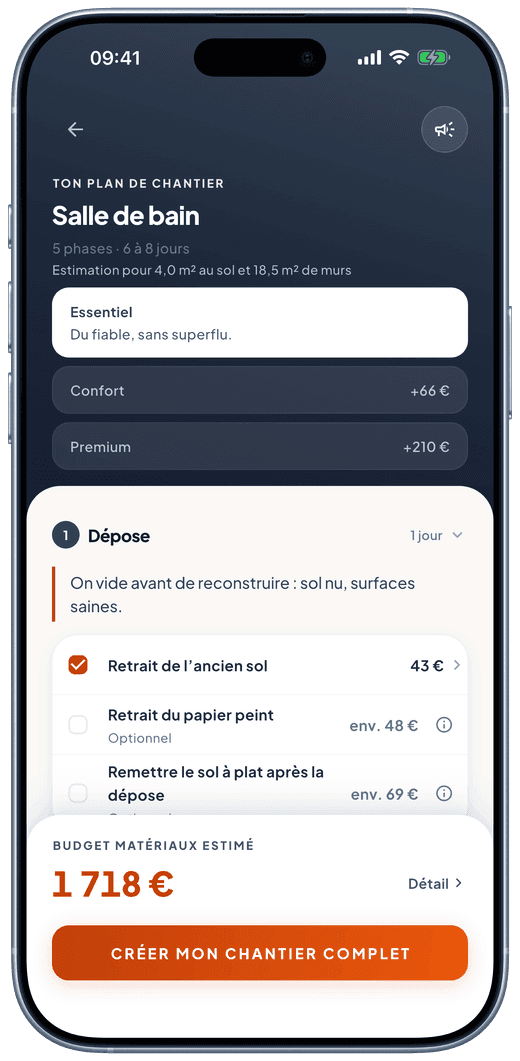 Écran du plan de chantier : les trois gammes Essentiel, Confort et Premium, avec le détail chiffré de la phase Dépose.