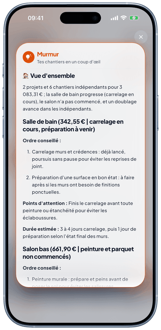 Récapitulatif conseillé de Murmur : l’ordre de réalisation recommandé entre les chantiers, points d’attention et durée estimée.