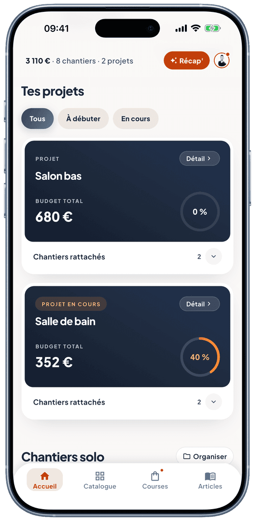 Écran Tes projets : les chantiers regroupés par projet, avec budget total et avancement.